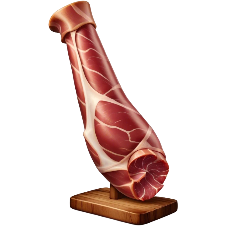 ​Cinematic Realistic Spanish Jamón Leg, depicted as a massive, cured leg of Jamón serrano with a deep reddish-brown hue, intricately marbled and slightly glossy with age, elegantly displayed on a rustic wooden stand and bathed in warm, soft lighting that accentuates its artisanal heritage, emoji
