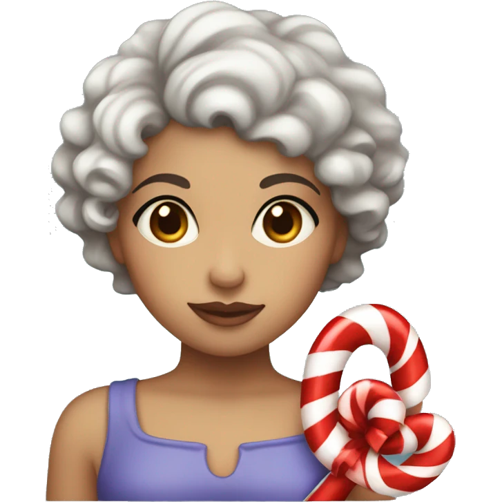 Girl With short Curly hair and dark brown hair and dark brown eyes holding a candy cane  emoji