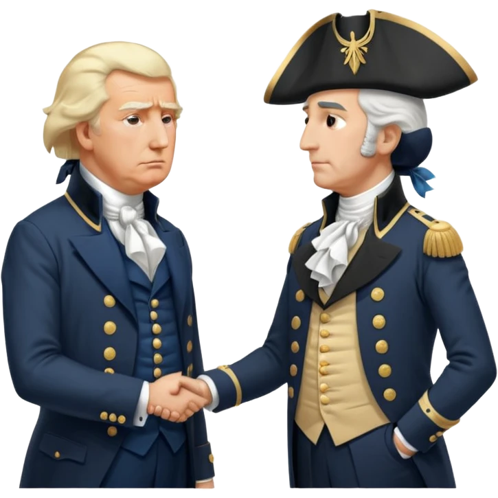 “Donald Trump and George Washington facing each other. Trump in a modern suit, visibly shocked. George Washington in colonial uniform, calm and silent. Realistic style, cinematic lighting.” emoji