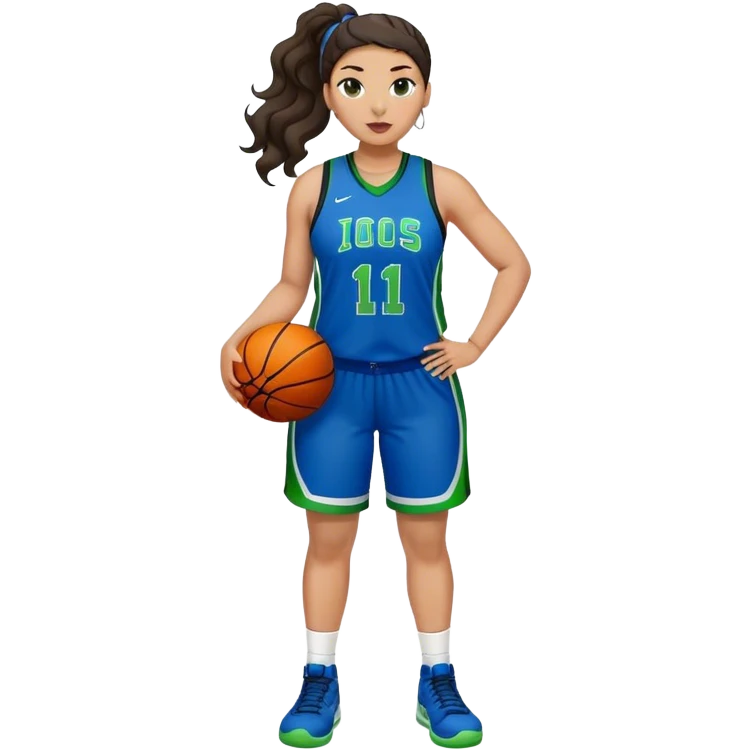 full body plus size light skin latino women basketball player with wavy dark hair in pony tail wide nose wearing blue uniform with green accent emoji