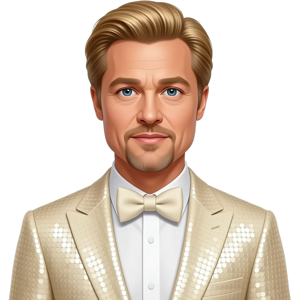 Brad Pitt with golden blonde hair, cream sequin suit with bow tie emoji