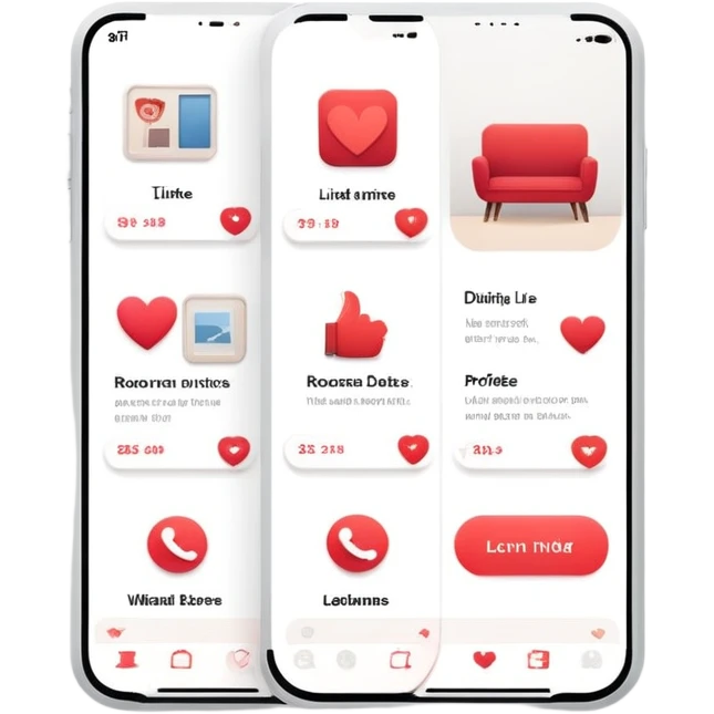 smartphone displaying a Tinder-like dating app interface, but with interior design rooms instead of people profiles, with like and dislike buttons emoji