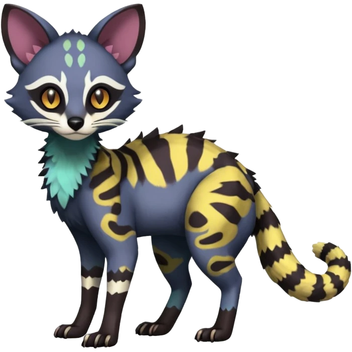 Rare warm-colored lush exotic edgy epic aesthetic gloomy spooky dark modern colorful cyber-Genet-Trico-species-Fakemon-hybrid-creature, with beautiful intricate markings, full body emoji