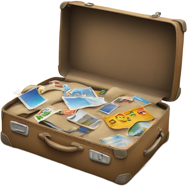 A suitcase with travel stickers placed on a sandy shore emoji