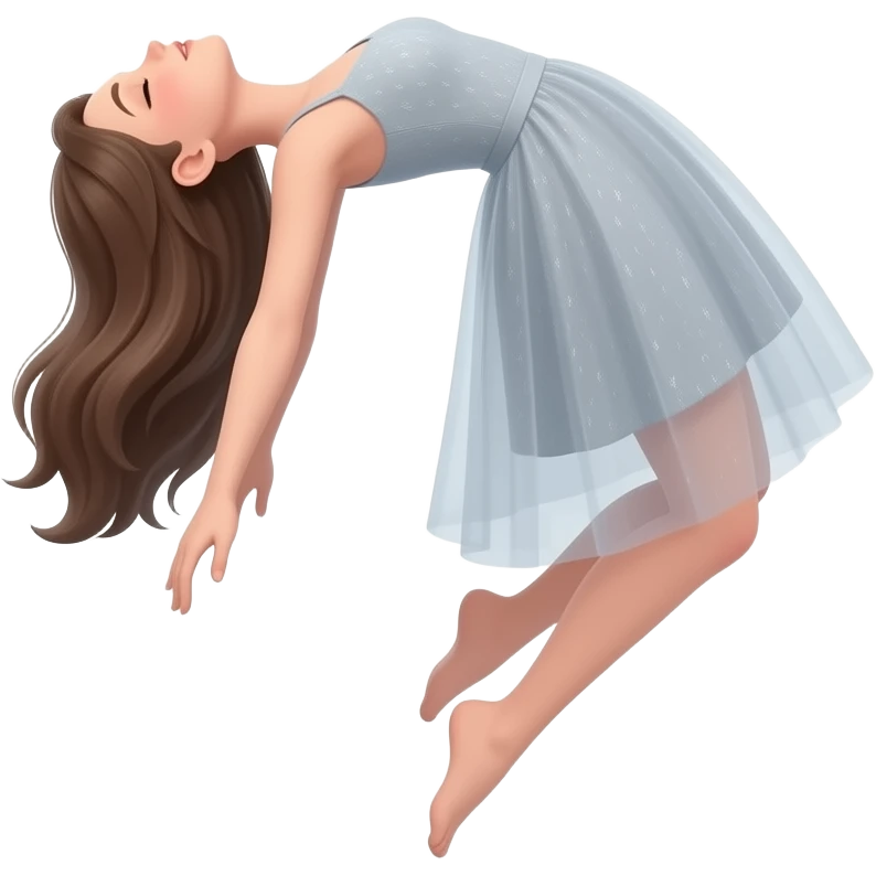 An emojiA girl levitating in space, body arched backward in a bridge-like pose, head tilted back, arms hanging loosely, legs slightly bent and relaxed wearing a beautiful dress. The background Transparent emoji