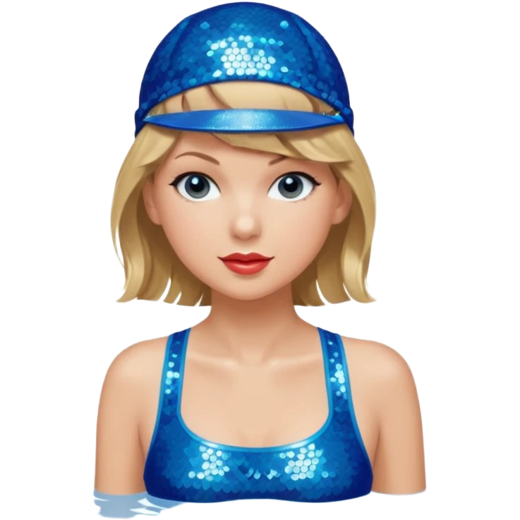 Taylor Swift wearing a one piece blue bathing suit with sparkly sequin straps. She is also wearing a sequin blue swim cap with a sequin strap going under her chin.  emoji