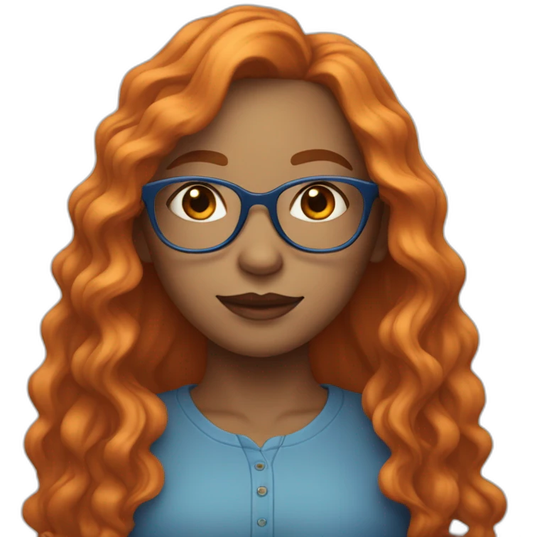 A not tinted girl with orange long wavy hair, blue glasses and a blue blousse emoji
