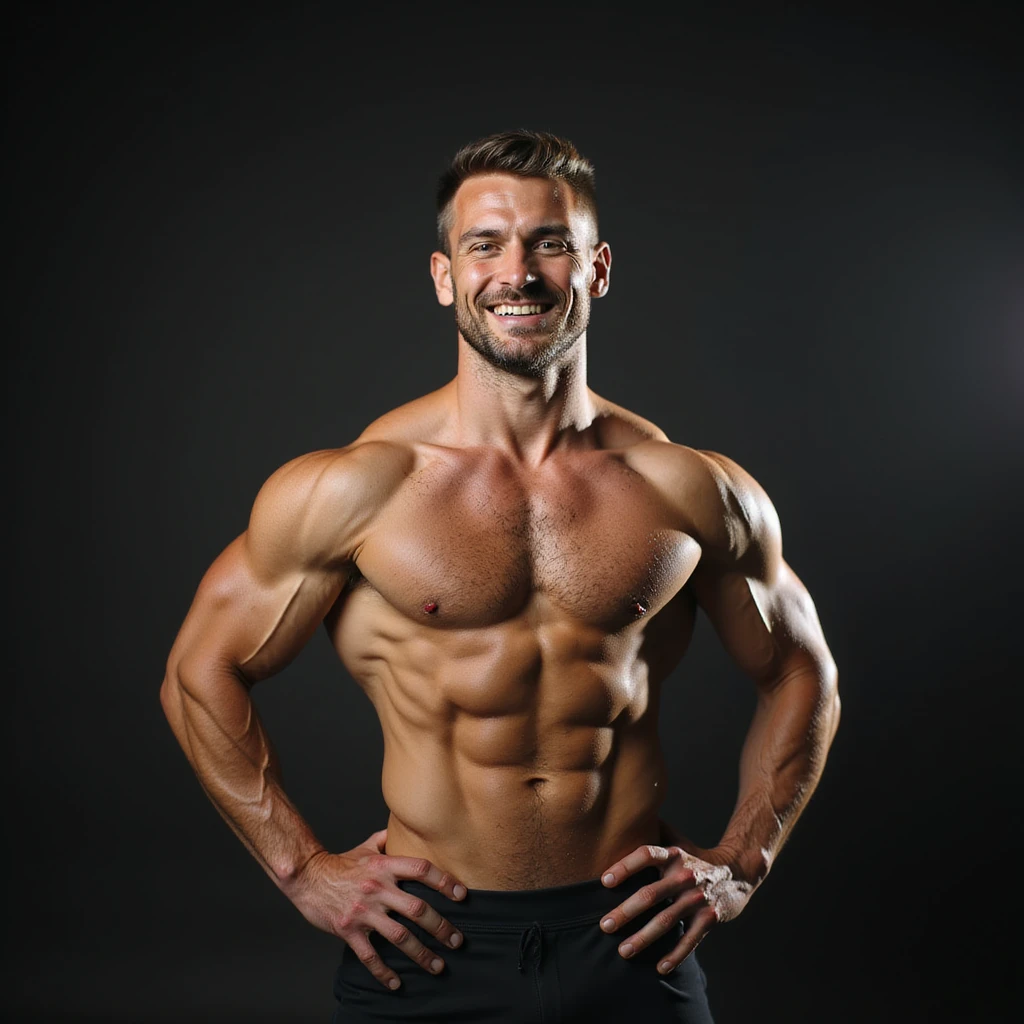 realistic 4K photo of a confident crossfit male athlete with sculpted abs, visible muscles, bright lighting, gym background, proud posture emoji