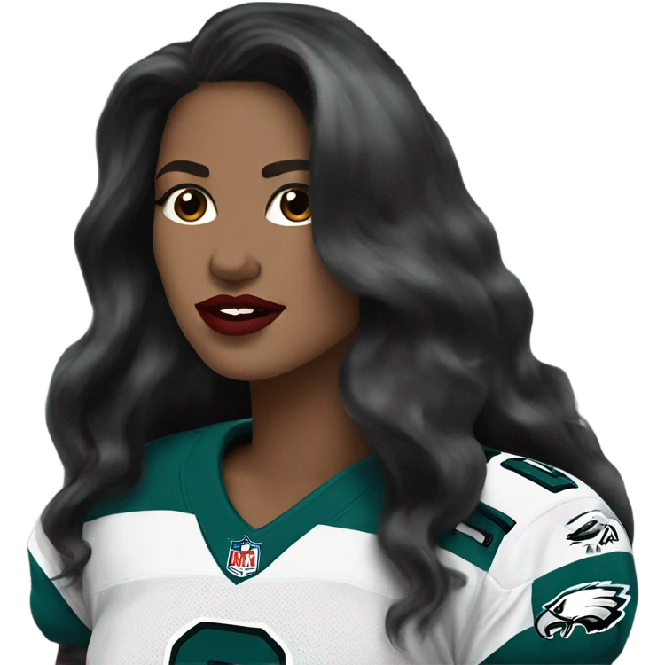 White female long dark hair red lips wearing Philadelphia Eagles jersey emoji