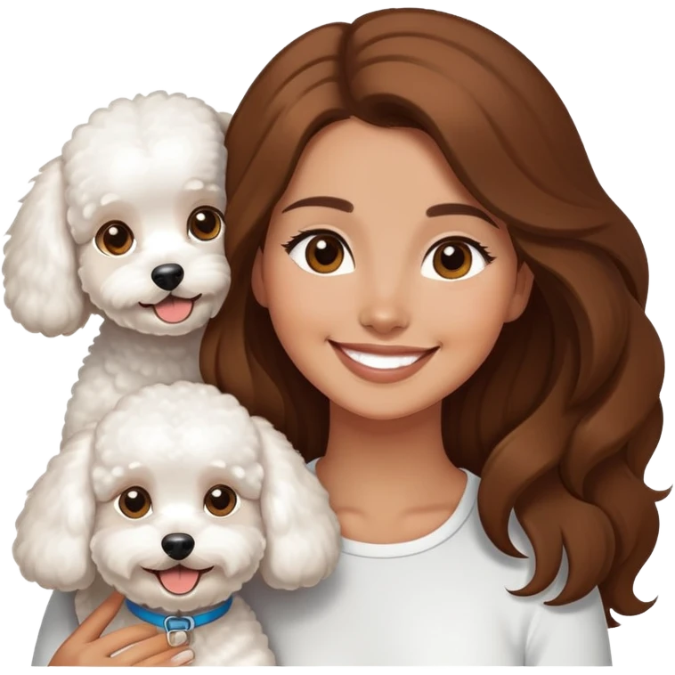 tan girl with long brown hair with three bichon frises emoji