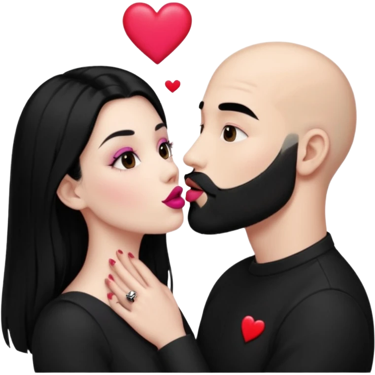 👩🏻‍❤️‍💋‍👨🏻 this one but the man should be bald. white woman with long black hair and white bald young man whoitiut hair and a heart between their heads. she has pink lips and both have brown eyes. he has e full beard but short. both wear black  emoji