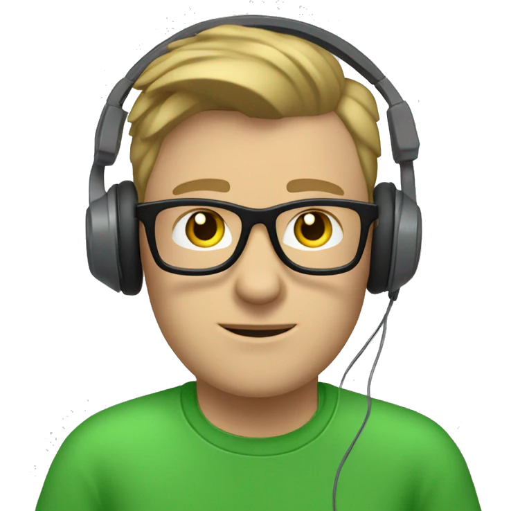 white guy with dark blond hair square glasses blue eyes wearing green t-shirt using laptop with headphones emoji