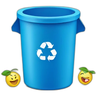 Blue recyclable trash can with recycling emoji prints emoji