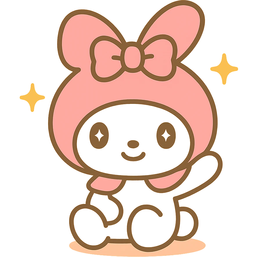 My Melody sitting and waving with pink hood and bow, charming cartoon style emoji emoji