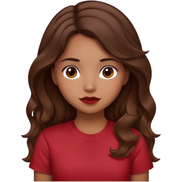 Light brown girl with long wavy brunette hair and blush, wearing dark red tshirt emoji