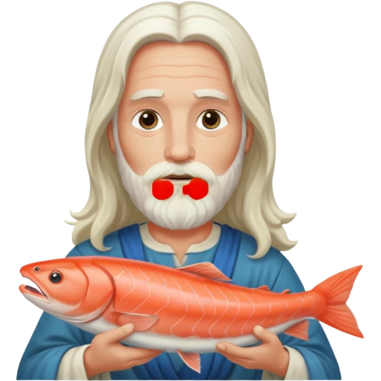a white Jesus with a long beard holding a salmon emoji