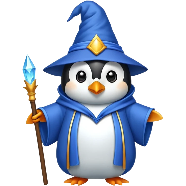 penguin wizard with a blue robe and pointed hat emoji