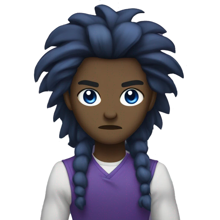 Black anime character angry with long hair with maincolors being purple and blue emoji