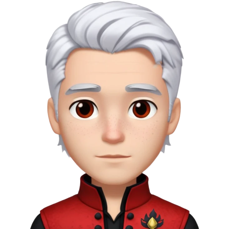 Carlos from Descendants, white hair with black roots, freckles, red black and white outfit emoji