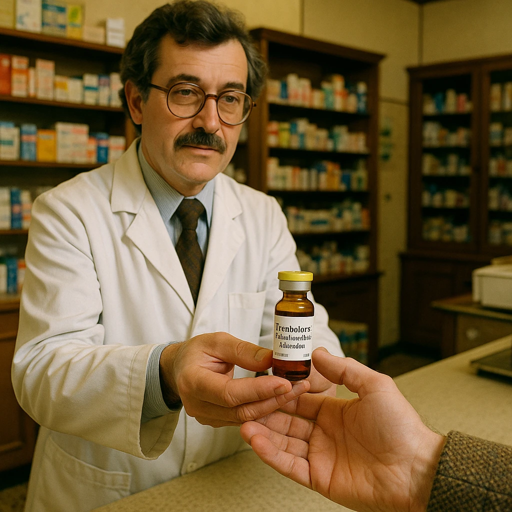 Create a realistic image of a pharmacist in France in 1980 delivering a vial of Trenbolone esaidrobenzilcarbonata to a customer. The pharmacist and pharmacy environment should reflect 1980s clothing and decor with historical details. The setting is a pharmacy with a side or top angle view. The vial's label must clearly show the name 'Trenbolone esaidrobenzilcarbonata'. emoji