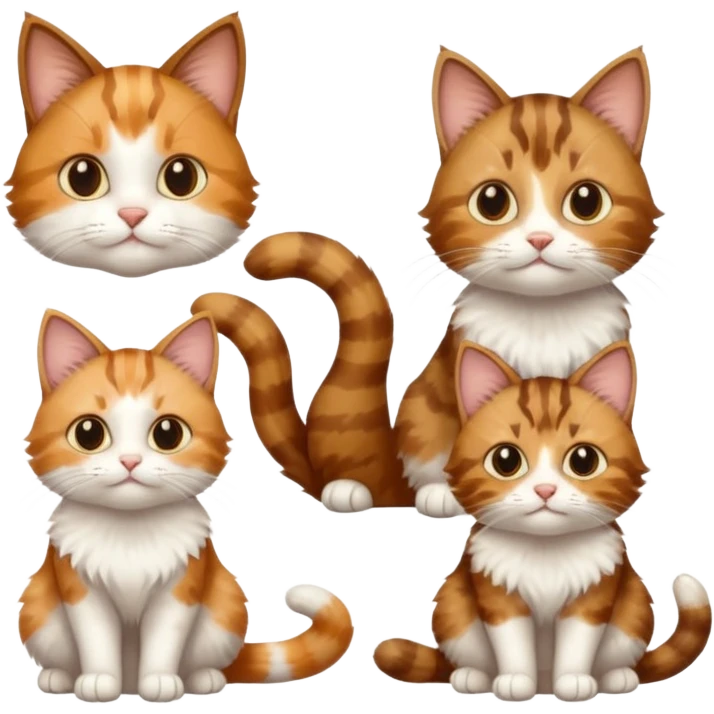 3 cats different colours including brown tabby and white, light patchy calico, and ginger and white emoji