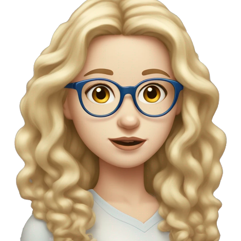 young woman with pale skin, blushed cheeks, big blue eyes, brown round glasses, thin lips, long wild blond wavy hair emoji