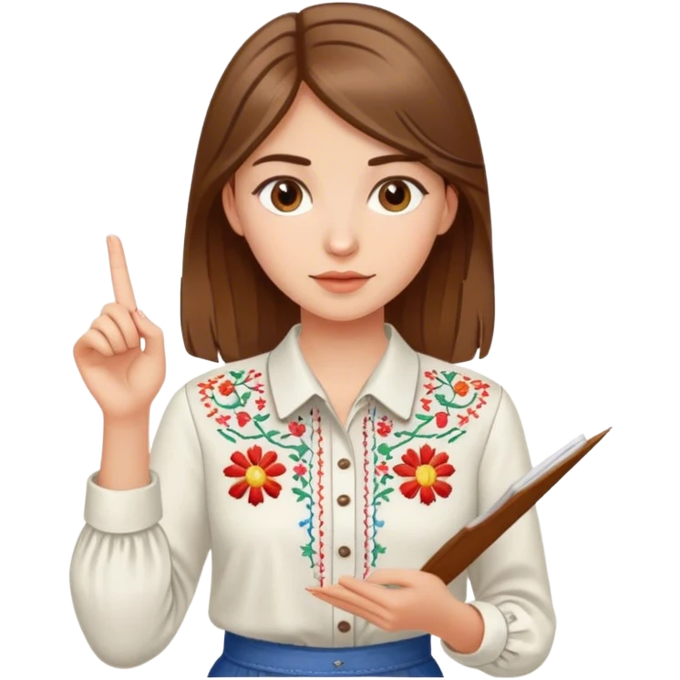 A Ukrainian girl with brown hair in an embroidered shirt holds a diagram in her hand emoji