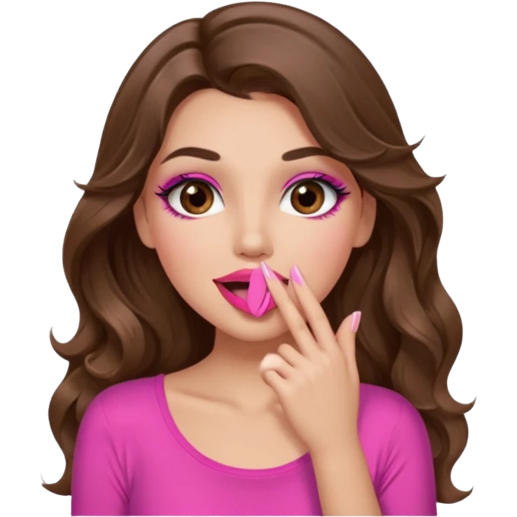 girl with long wavy brown hair, brown eyes, long lashes makeup, sexy pink lips, light to medium complexion, wearing a pink sexy top, sexy, giggling hand covering mouth emoji