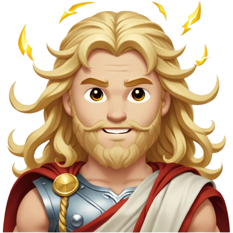 Cinematic Realistic Thor Portrait, head tilted dramatically with an exaggeratedly amused expression, featuring lively, twinkling eyes and a subtle, roguish grin. His fair, radiant skin and long, wavy golden hair, rendered with classical precision, complement his draped white toga adorned with delicate golden details and mythic lightning hints, all brought to life with dynamic lighting that captures both his divine power and playful, approachable charm. emoji