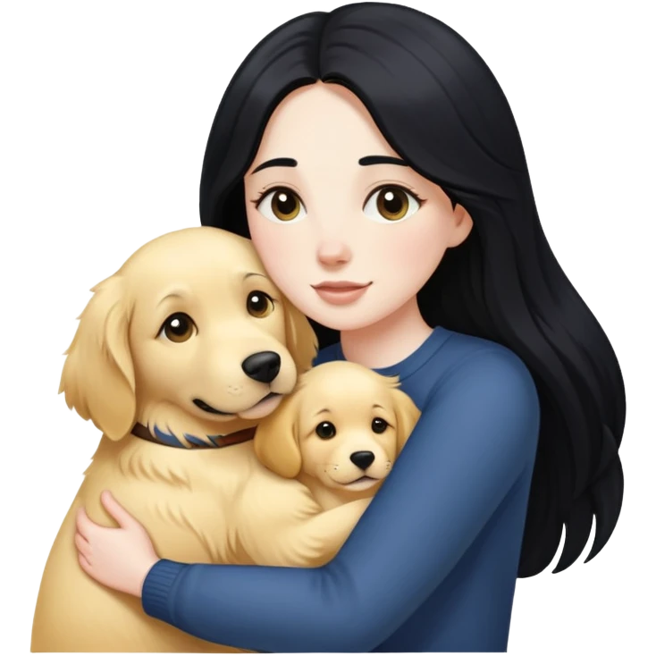 A white girl with long black  hair tightly hugged a Golden Retriever emoji