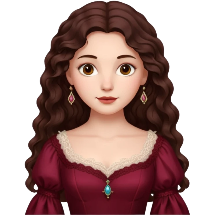 Renaissance lady – long dark brown wavy hair, burgundy gown with lace neckline emoji