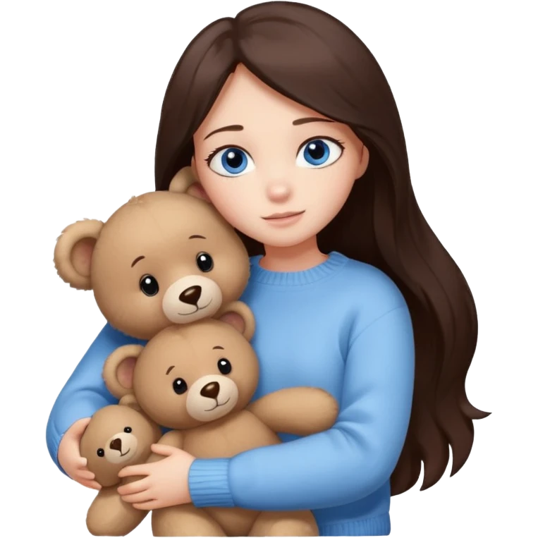 a girl with long dark brown hair, with blue eyes, in a
white sweater, hugs 3 different natural coloured emoji
