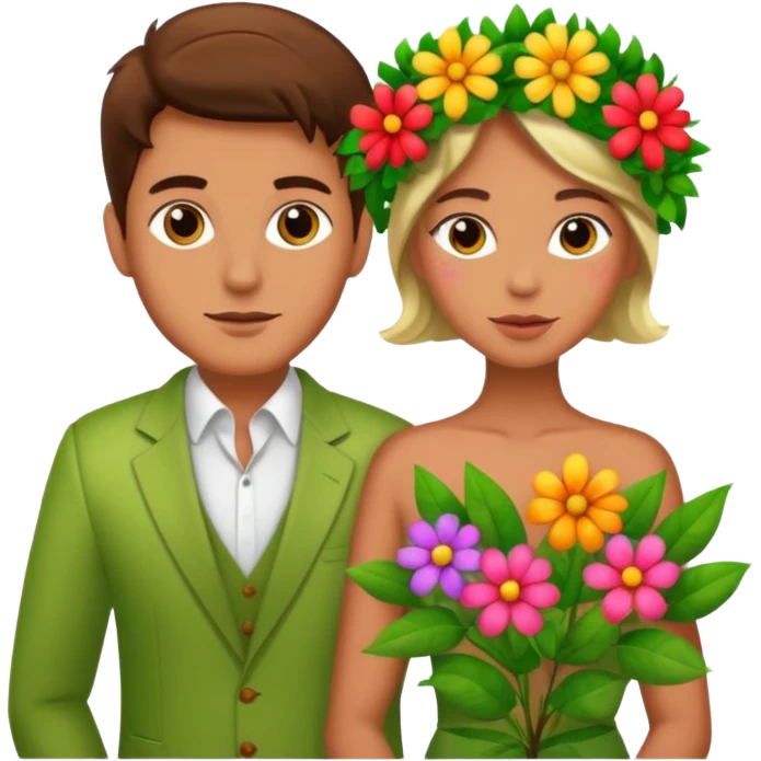 Adam and Eve dressed in clothes made of flowers and plants emoji