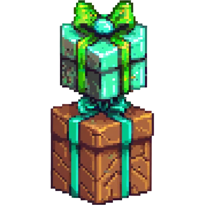 3D pixel-art cube gift box with earth-brown clay-veined sides and neon-green grassy top, floating against violet background, shiny emerald ribbon with bow shaped like two viewing scopes, dramatic lighting highlighting blocky geometry, mystery and excitement emoji