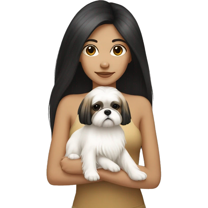 Tan girl, with long black hair, holding white shih tzu with light brown spots emoji