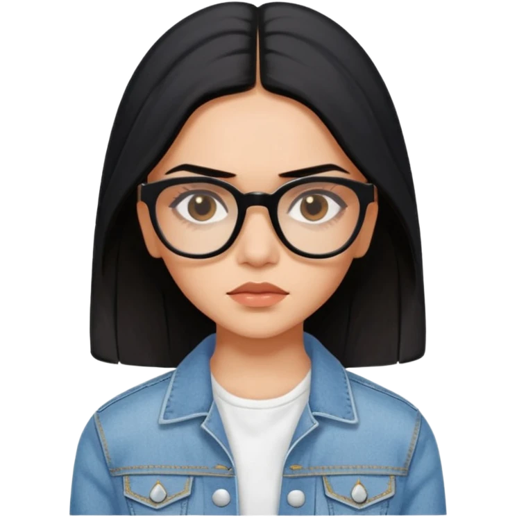 generate a pretty bratz emoji 
Make her wear a white dress with a denim jacket over it. black hair side part 

She should look exactly  like Deepika padukone! wearing tiny rectangular spectacle, looking sad emoji