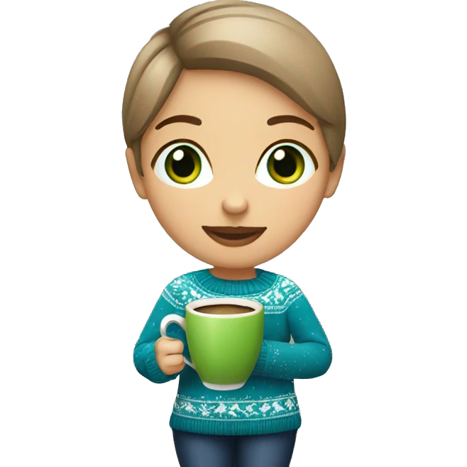 Light brown short haired girl with green eyes drinking coffee wearing blue Christmas sweater emoji