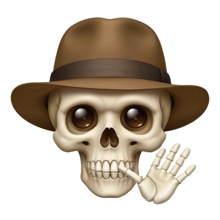 Skull wearing brown hat and hand sing to silence  emoji