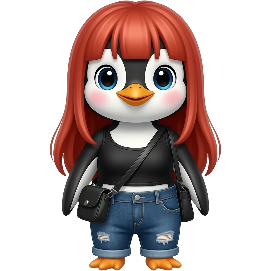 make a cute baby penguin with long straight red hair wearing dark washed baggy jeans with no rips and a black fitted top and a black short strap bag emoji