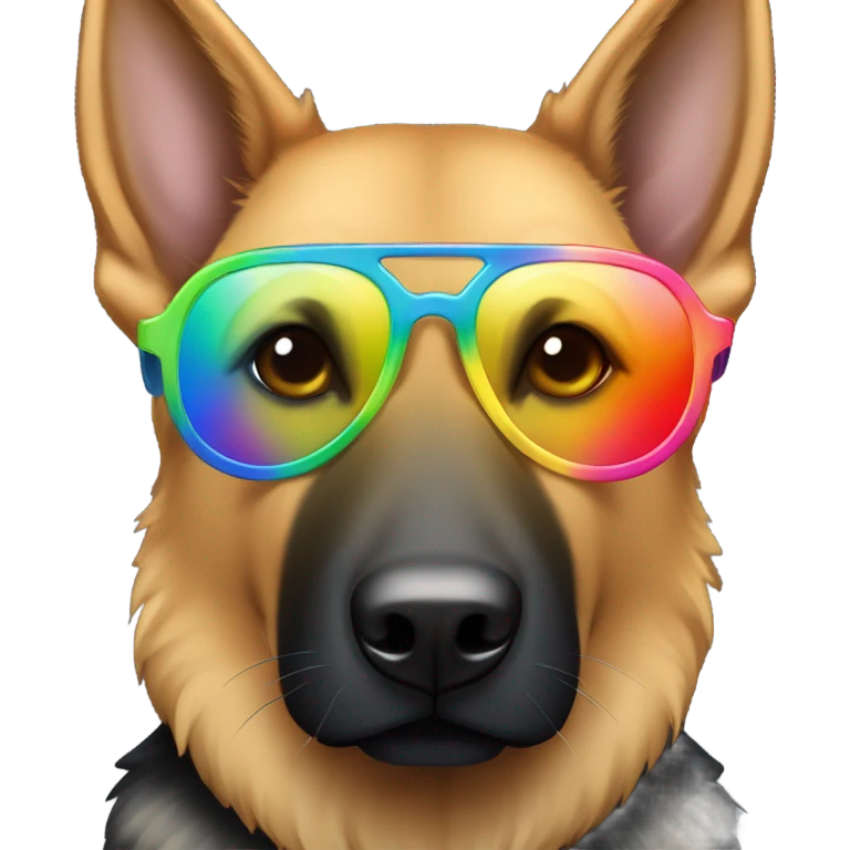 Black German Shepard with big light brown eyebrows and highlights with rainbow sunglasses emoji