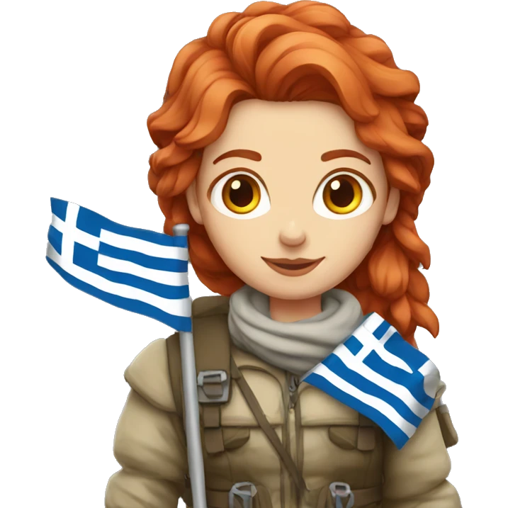 female winter mountaineer red hair holding greek flag emoji