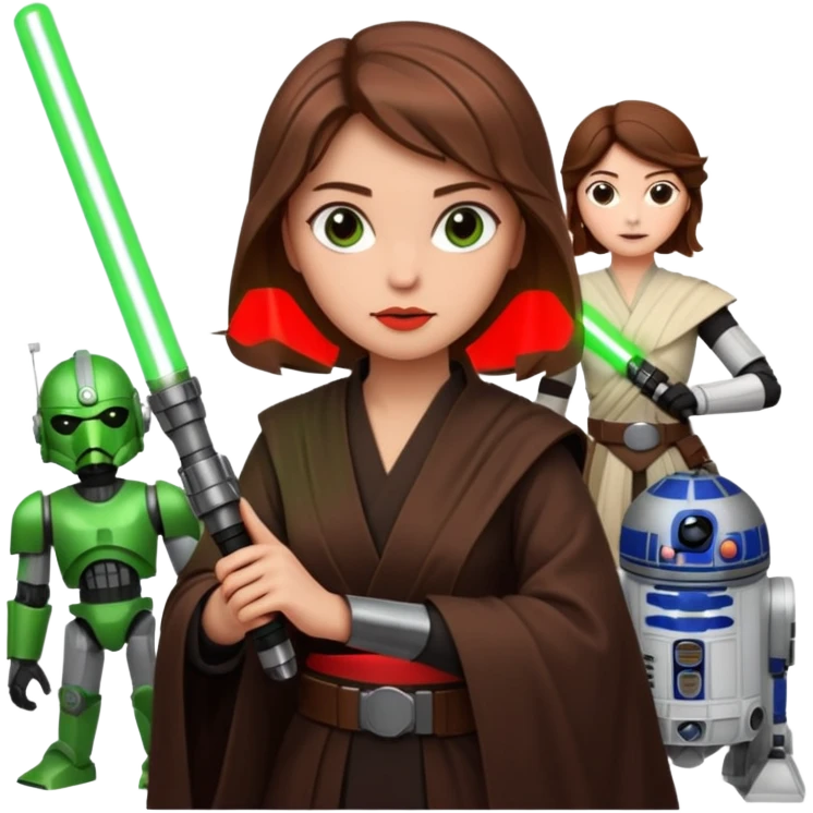 Ios 18 starwars theme ( jedi, robots etc..) brown hair lady with lightaber green or red emoji