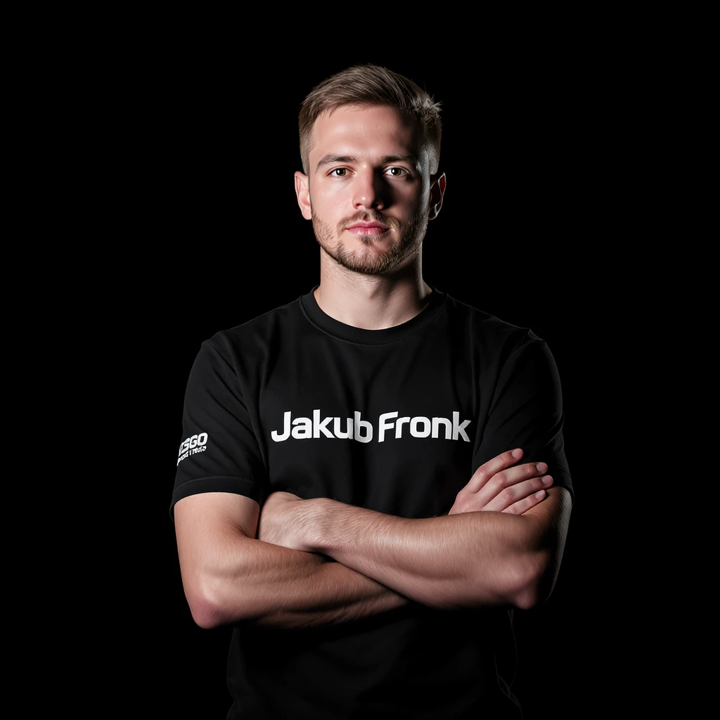 Csgo pro player profile proffesional photo, low key light back light, man standing crossed hands with tshirt with text "Jakub Fronk" black solid background emoji