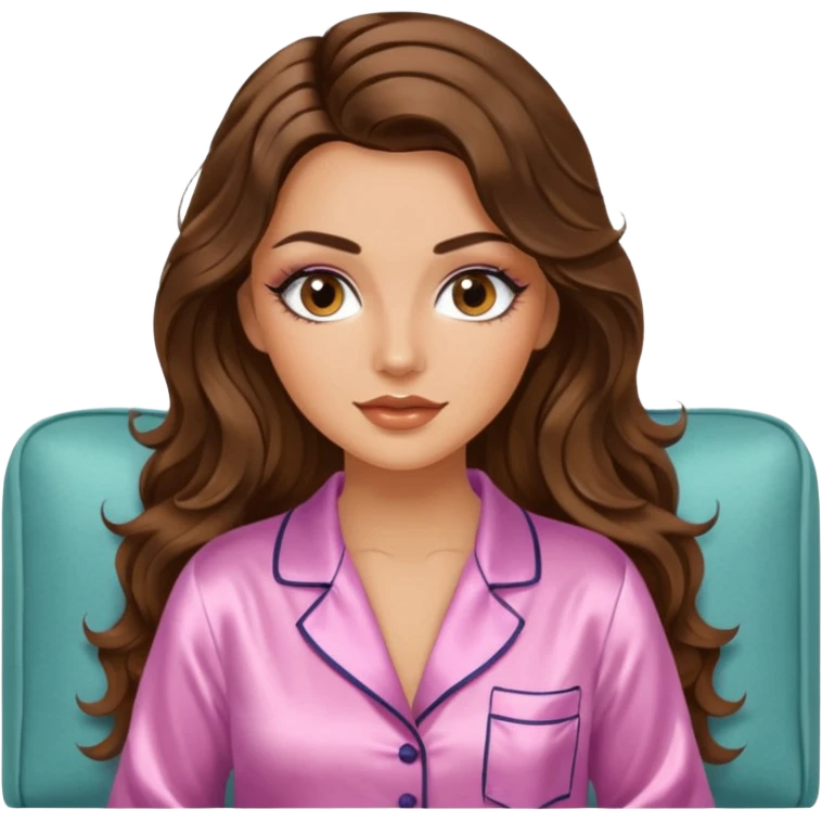 Woman with brunette hair light tanned skin reading on sofa. Long wavy hair. Beige ivory colours. Silk pyjamas. Realistic. Foxeye with lashes. Glamorous makeup emoji