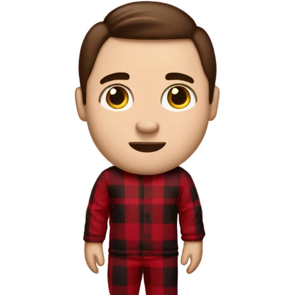 Man with straight brown hair and brown eyes wearing red and black buffalo plaid pjs. White skin. Full body. emoji