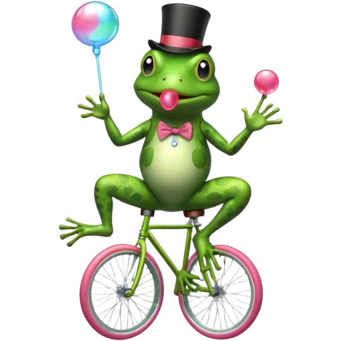 A frog riding a unicycle wearing a monocle blowing a bubble gum bubble emoji