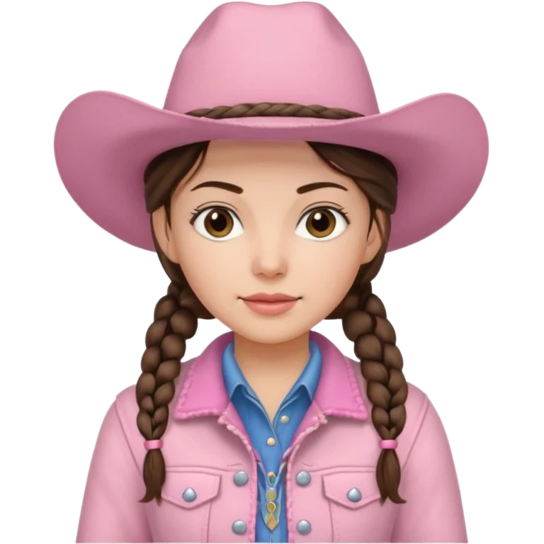 Brunette cowgirl with two braids and soft pink hat and jacket emoji