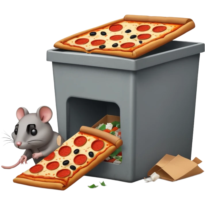 emoji-style icon of a pizza restaurant with a pizza slice sign, a huge rat next to an overflowing dumpster, trash scattered all around the building, unsanitary and dirty, clear at small size, no text emoji