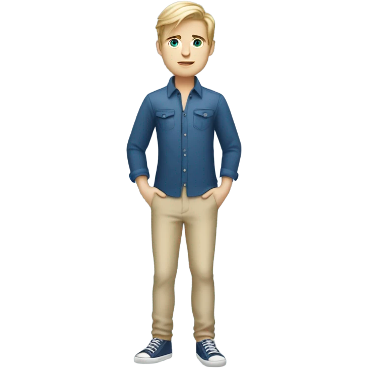 do a white boy with dirty blond hair blue eyes, full body legs and arms with a chic outfit  emoji