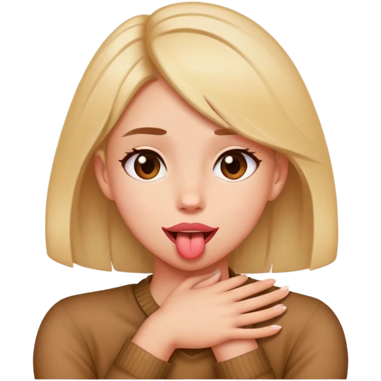 A girl crossing arms around her neck with tongue out emoji